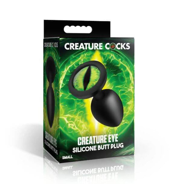 Creature Cocks Green Eye Silicone Butt Plug Small packaging featuring vibrant green eye design.