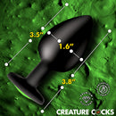 Creature Eye Green Eye Silicone Butt Plug Large dimensions and features displayed on a textured green background.