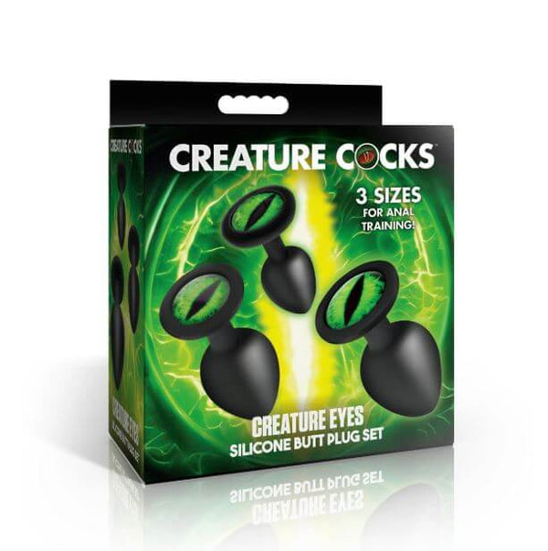 Creature Cocks Green Eye Silicone Butt Plug Set 3 Piece featuring three sizes for anal training in bold packaging.