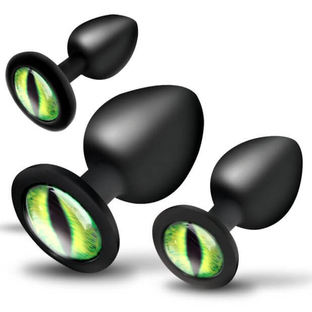 Creature Cocks Green Eye Silicone Butt Plug Set 3 Piece featuring bold green cat-eye accents.