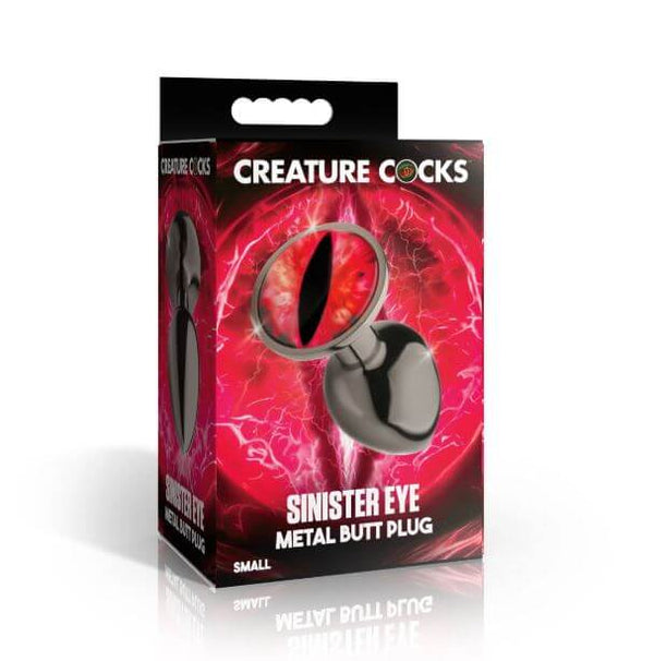 Creature Cocks Red Eye Metal Butt Plug Small packaging featuring a sinister eye design and vibrant colors.