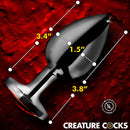 Sinister Eye Red Eye Metal Butt Plug Large dimensions with measurements highlighted on a striking red background.