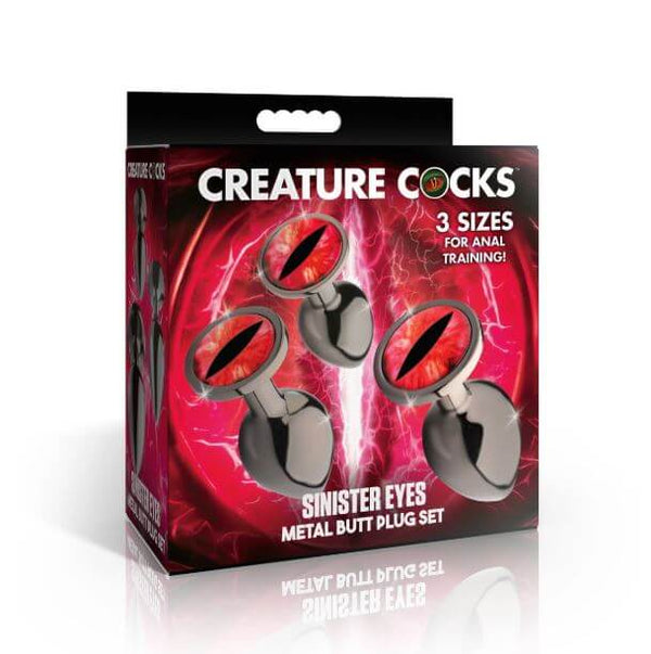 Creature Cocks Red Eye Metal Butt Plug Set 3 Piece packaging featuring three sizes for anal training and fantasy play.