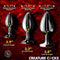 Creature Cocks Red Eye Metal Butt Plug Set 3 Piece with size details and diameters on a red background.