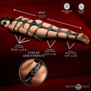 Master Series Backbone Full Body Harness displayed with detailed strap measurements and adjustments.
