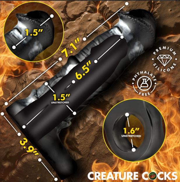Creature Cocks Stallion XL Silicone Penis Extension dimensions and features diagram for enhanced intimate play.