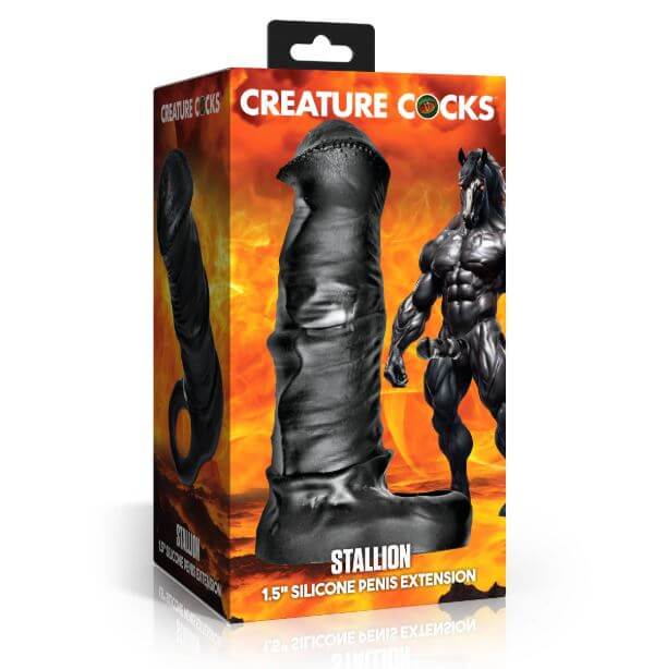 Creature Cocks Stallion XL Silicone Penis Extension packaging with black design and equine theme.