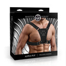 Master Series Alpha Pup Bulldog Harness Black packaging showcasing a bold chest harness with paw print emblem.