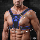 Master Series Alpha Pup Bulldog Harness Blue on muscular man showcasing durable design and measurements.