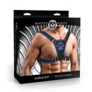 Master Series Alpha Pup Bulldog Harness Blue packaging featuring a man wearing the harness with paw print design.