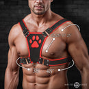 Master Series Alpha Pup Bulldog Harness Red displayed on a muscular model, highlighting durable vegan leather and bold design.