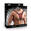 Master Series Alpha Pup Bulldog Harness Red packaging with model wearing the harness showcasing durability and style.