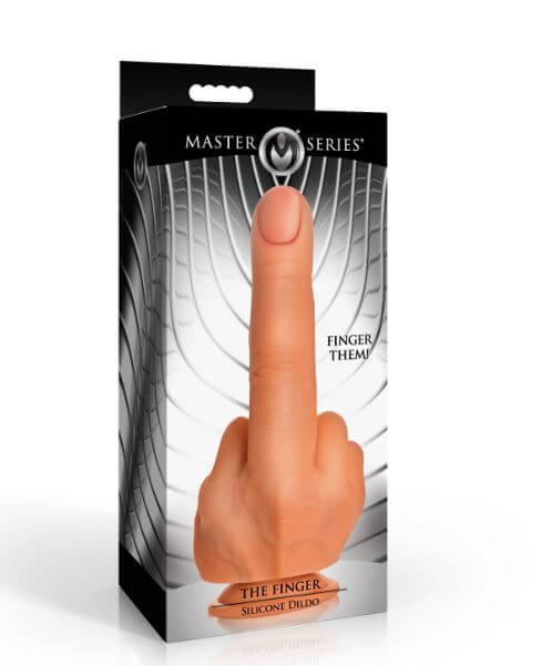 Master Series Finger Silicone Dildo Vanilla packaging with a bold finger design for playful pleasure.