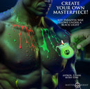 Master Series Glow Pour Drip Candle Set Blacklight Reactive illuminating body with vibrant colored wax under black light.