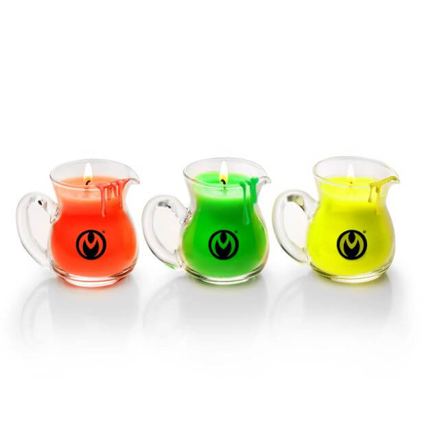 Master Series Glow Pour Drip Candle Set Blacklight Reactive in red, green, and yellow colors, designed for wax play.