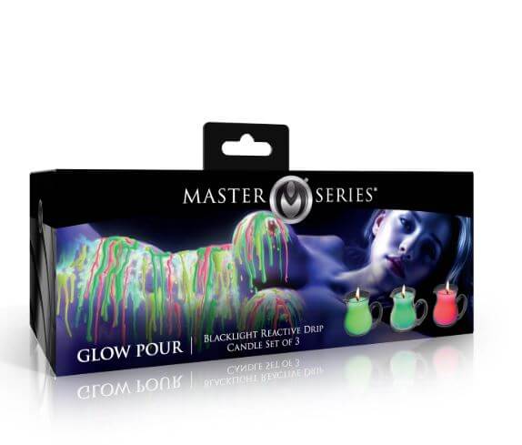 Master Series Glow Pour Drip Candle Set Blacklight Reactive packaging with neon candles and a model under blacklight.