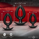 Pop Plugs 3 Piece Hollow Silicone Anal Trainer Set showing sizing details of small, medium, and large plugs.