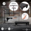 Master Series Hog Tie Restraint Rack with Sex Machine dimensions and features including silicone dildo and heavy-duty steel frame.