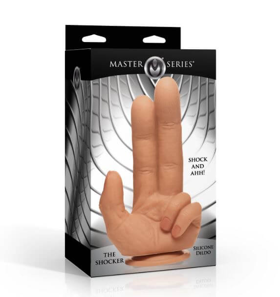 Master Series The Shocker Silicone Dildo Vanilla packaging with bold hand design and shock text.