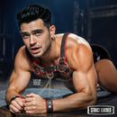 Strict Leather English Bull Dog Harness Black and Red showcased on a model, emphasizing durability and style in fetish wear.