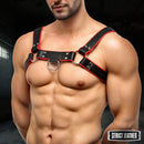 Strict Leather English Bull Dog Harness Black and Red worn by a muscular man, showcasing the edgy design and structure.