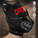 Master Series Drone Silicone Sensory Hood Black showcasing size dimensions and features on a model's head.
