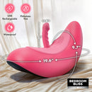 Pleasure Ride Rocking Saddle Sex Machine in pink, showcasing USB rechargeable and waterproof design with interchangeable dildos.