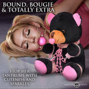 Master Series Bling Bondage Bear Plush Toy in black with pink cuffs, chained and holding a pacifier.