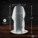 Master Series Dicked Clear Hollow Anal Plug Large showing dimensions and phthalate-free material.