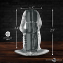 Master Series Dicked Clear Hollow Anal Plug Small displayed with dimensions and phthalate-free label on wooden background.