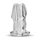 Dicked Clear Hollow Anal Plug X-Large display showing its transparent design and smooth texture.
