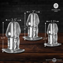 Master Series Dicked Clear Hollow Anal Plug 3 Piece Set showcasing clear hollow plugs with size dimensions.