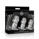 Master Series Dicked Clear Hollow Anal Plug 3 Piece Set package display featuring three transparent anal plugs.