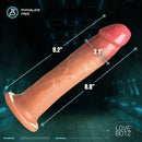 LoveBotz 9 Inch Cock Lock Realistic Dildo Flesh showing dimensions of 9.2 inches length and 2.1 inches width with phthalate-free material.