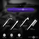 Elektrawand Rechargeable Violet Wand with Attachments Purple showcasing electrodes and dimensions for sensation play.