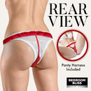 Rear view of Textured Silicone Panty Vibrator with Remote Red in included panty harness.