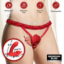 G-Spot Silicone Panty Vibe with Remote Red showcasing its waterproof, phthalate-free, easy-to-use features on a model.
