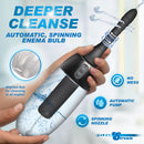 CleanStream XL Spinning Automatic Enema Bulb Black in hand showcasing innovative design and spinning nozzle for efficient cleansing.