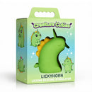 Lickyhorn Green Licking Silicone Clitoral Stimulator packaging featuring a cute green unicorn design.