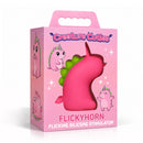 Flickyhorn Flicking Silicone Stimulator packaging featuring bright pink unicorn design and handle.