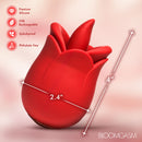 Bloomgasm Petal Kiss Kissing and Licking Vibrator shown in premium silicone with measurements 4" height and 2.4" width.