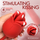 Blossom Kiss Licking Clit Stimulator with Thrusting Vibrator showing a soft rose texture designed for stimulation.