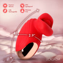 Mini Kisses Kissing and Vibrating Clitoral Stimulator in red silicone with premium features and measurements.