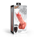 Loadz 10 Inch Thrusting Vibrating Squirting Dildo Flesh packaging showcasing the toy features and remote control.