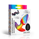 Bang Rotating and Vibrating Silicone Butt Plug Rainbow packaging features colorful design and remote control for vibration and rotation.