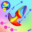Bang Rotating and Vibrating Silicone Butt Plug Rainbow with dimensions and features like waterproof and phthalate-free.