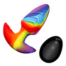 Bang Rotating and Vibrating Silicone Butt Plug Rainbow with a remote, showcasing vibrant colors and unique design.