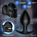 Zeus Anal Plug and Head Teaser E-Stim Kit Black with dimensions and features, ergonomic design, USB rechargeable.