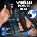 Zeus Inflatable Anal Plug and Urethral Sound E-Stim Kit with wireless power box showcasing phthalate-free and waterproof features.