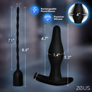 Zeus Inflatable Anal Plug and Urethral Sound E-Stim Kit dimensions showing 7.1" sound and 4.7" plug.